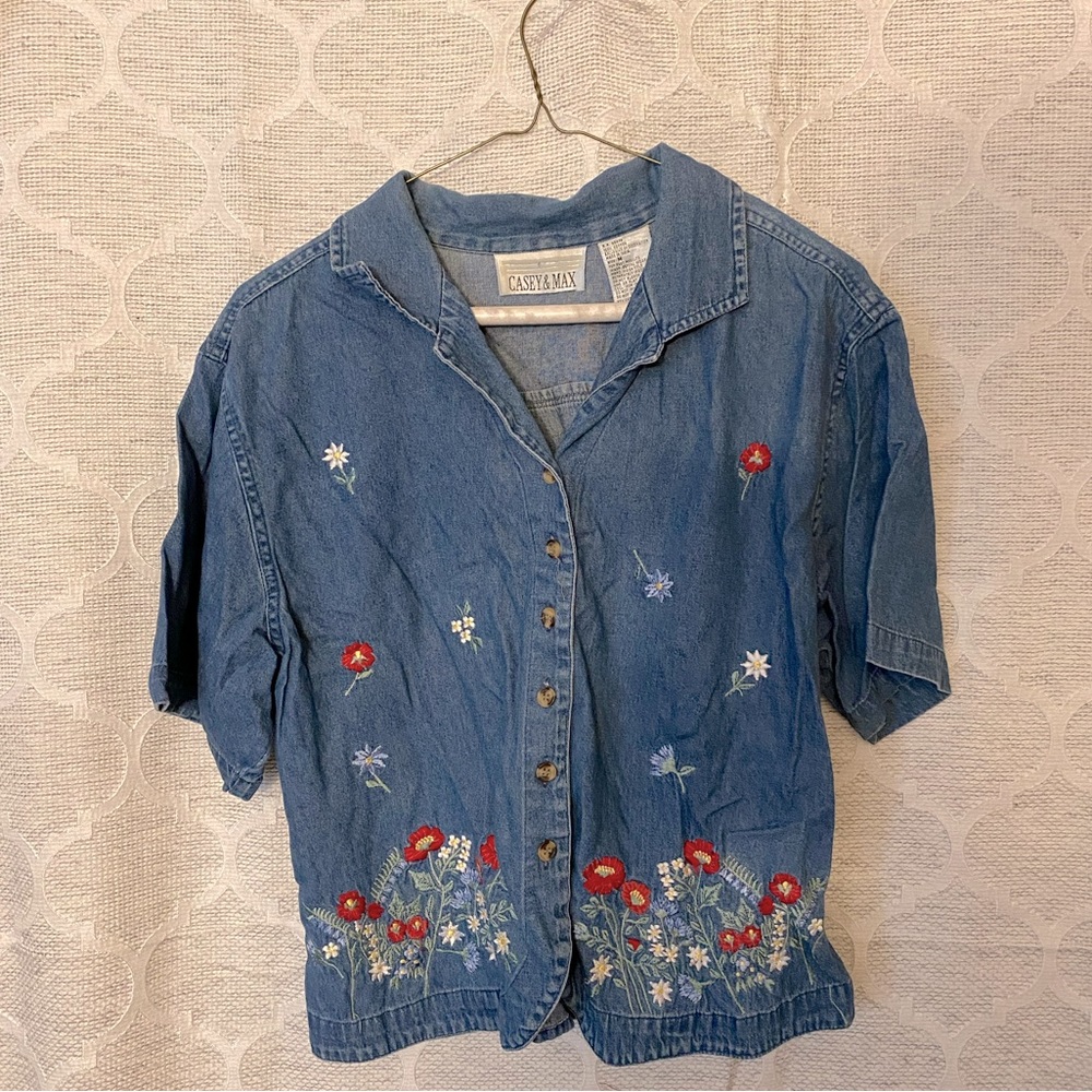 Floral Embroidered Blue Cotton Shirt